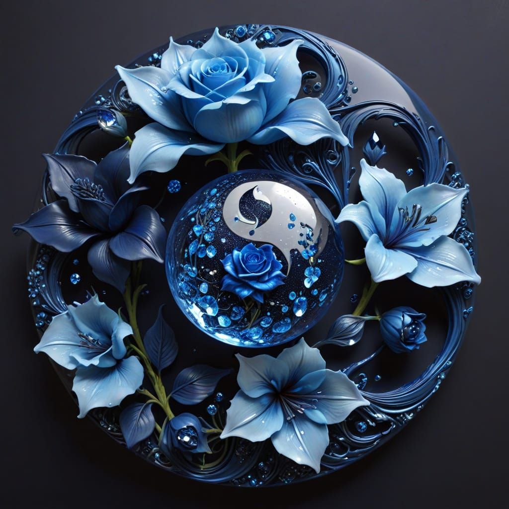 Magical Yin Yang Symbol of Blue Roses and Lilies