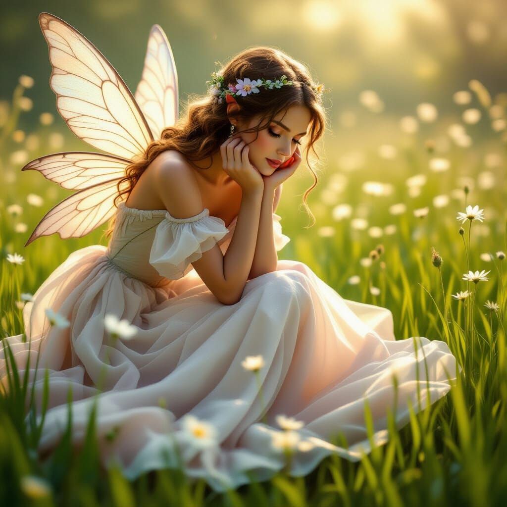 Captivating Dewdrop Fairy in Lush Morning Meadow