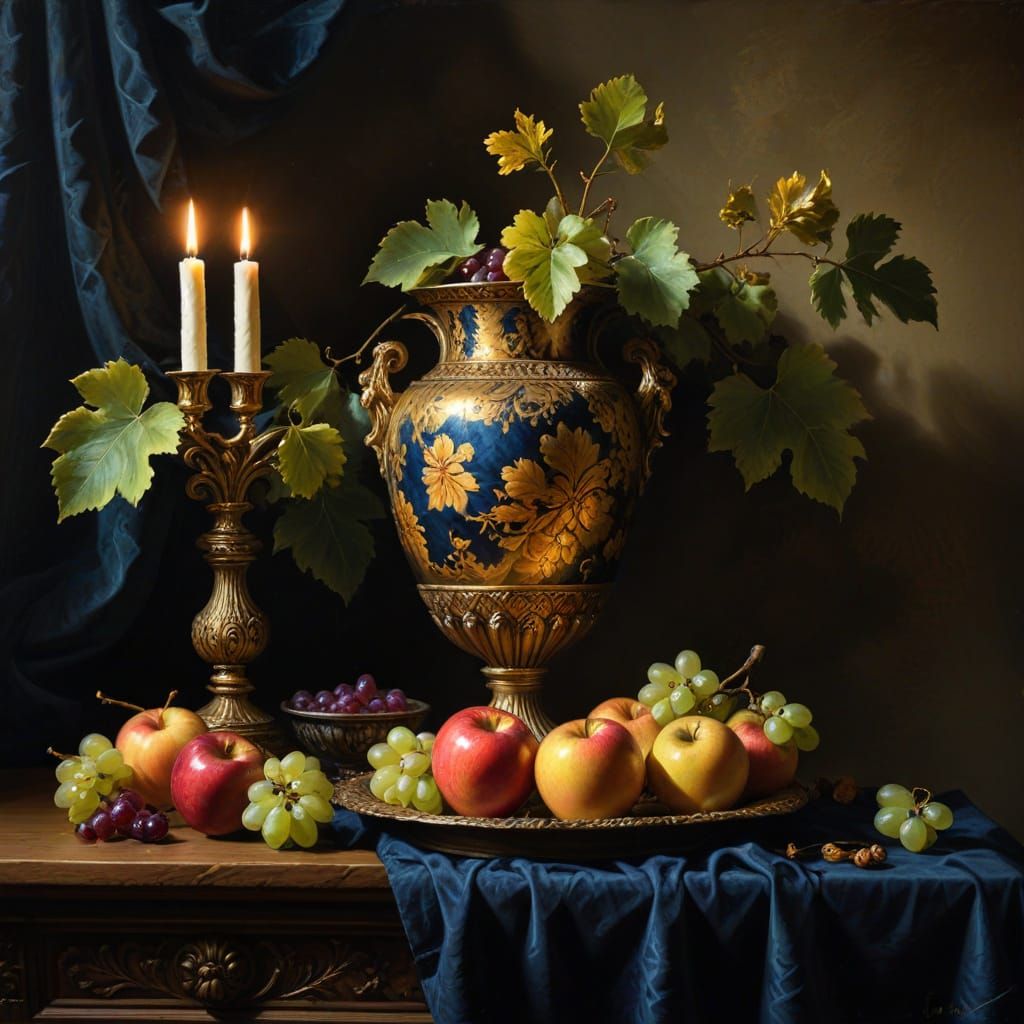 Ornate Still Life Oil Painting with Golden Vase and Grapes