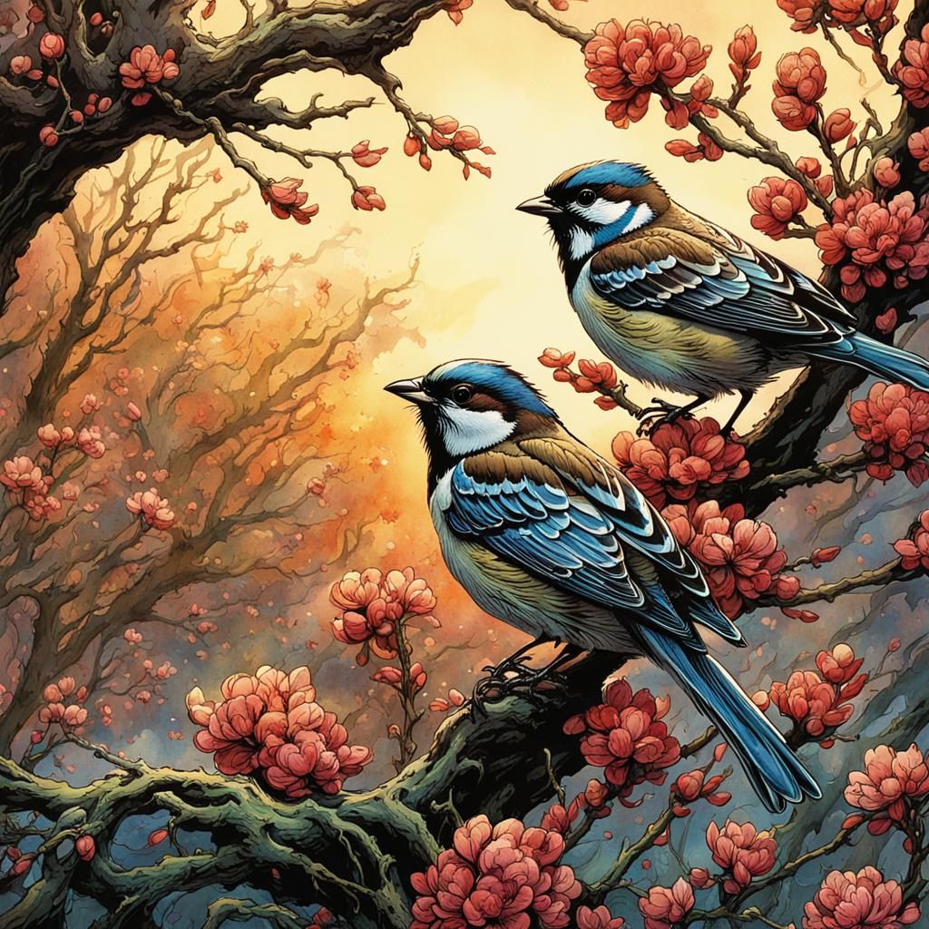 Whimsical Watercolor Birds in Vibrant Spring Bloom