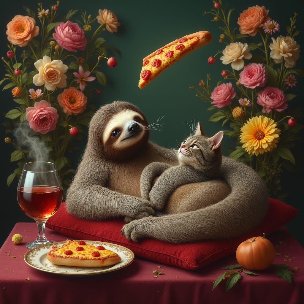 Surreal Still Life with Sloth, Flowers, Hot Dog, Wine, and F...