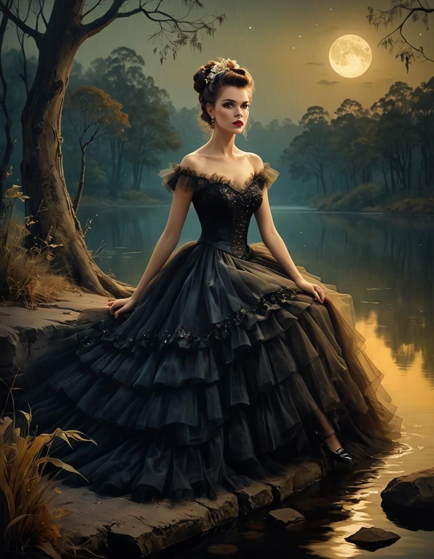 Pin-Up Warrior Lady by Lake in Tonalist Style