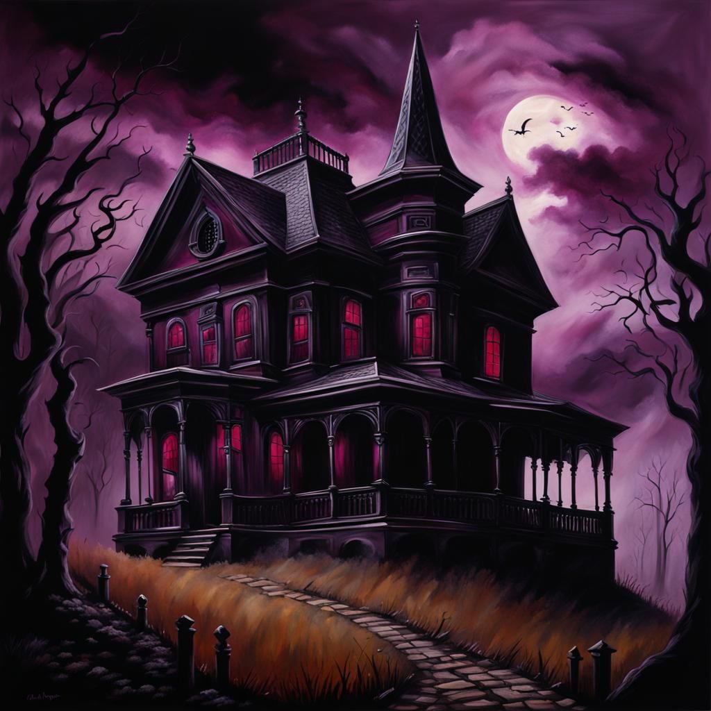 Dark Gothic House on Hill in Horror Scenery