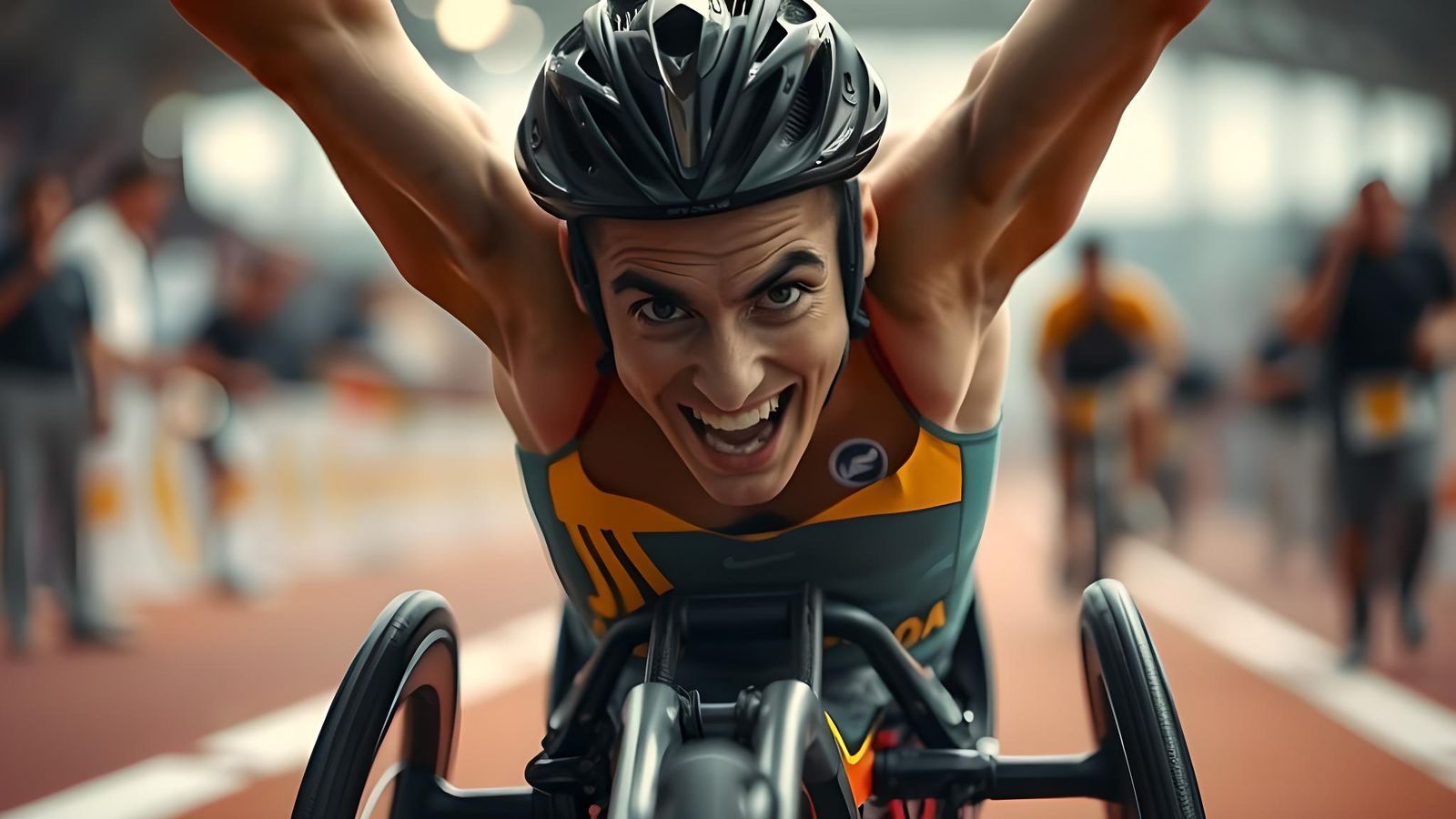 Victorious Para-Athlete Crossing Finish Line Portrait