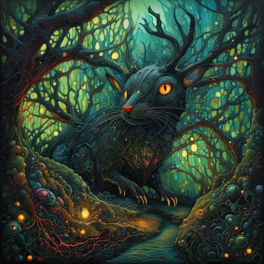 Dark Rabbit in Overgrown Enchanted Forest