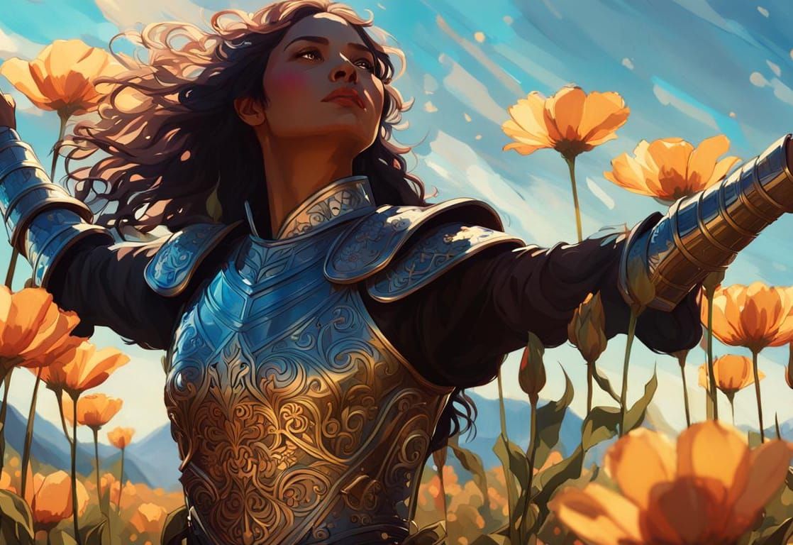 Peruvian Warrior Goddess Celebrates in a Vibrant Field of Fl...