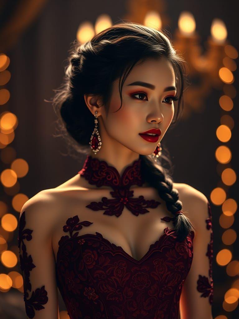 Elegant East Asian Woman in Opulent Burgundy Gown