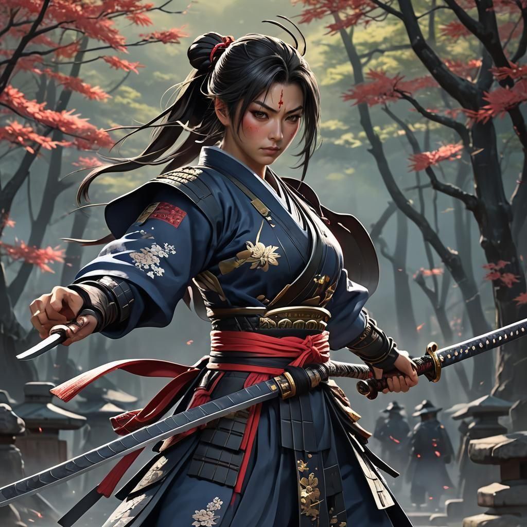Female Samurai with Sword in Anime Style