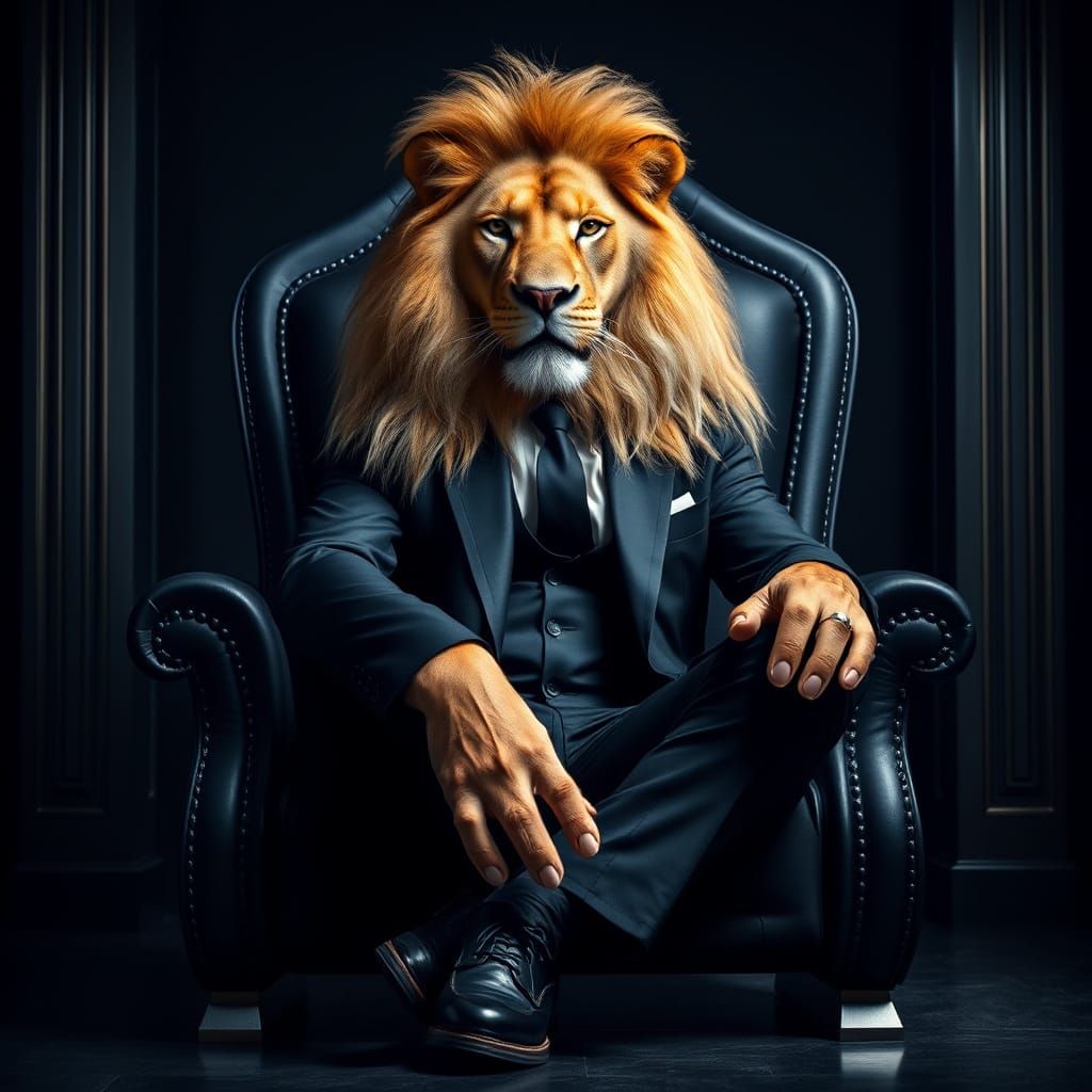 Lion-Human Hybrid in Black Suit on Throne