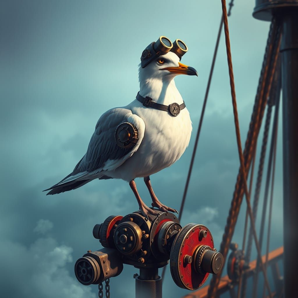 Steampunk Seagull on Ship Mast in Hyperrealistic Style