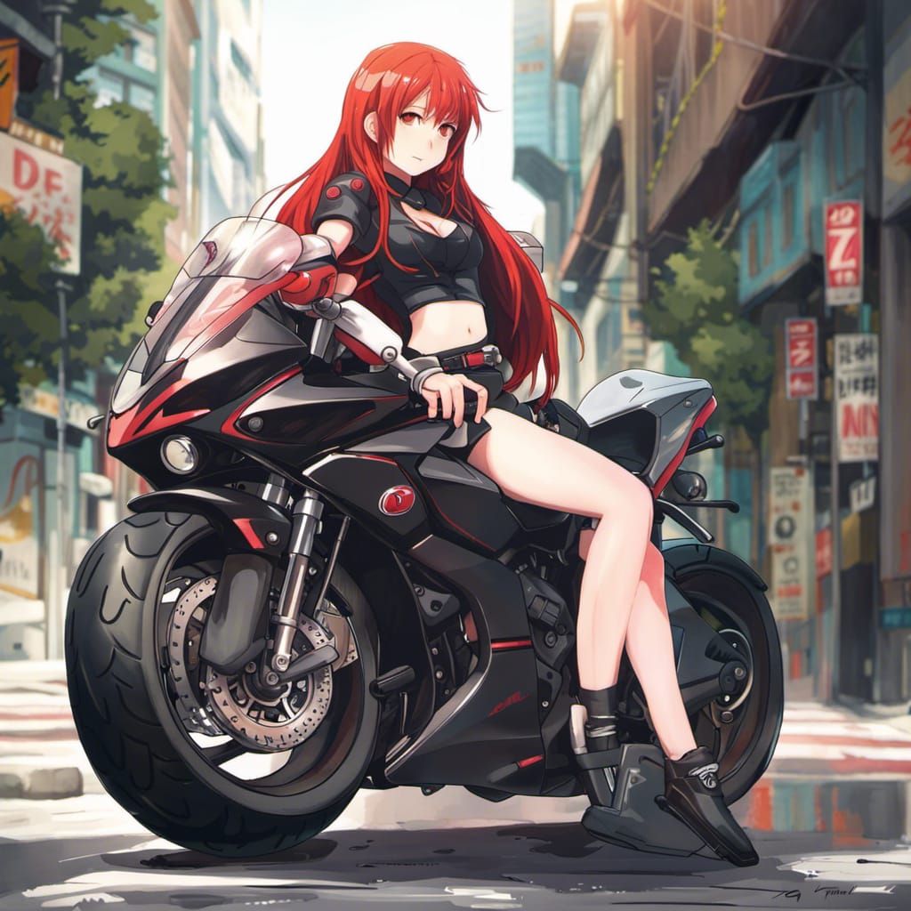 Red-Haired Girl on Superbike: Anime-Style 4K