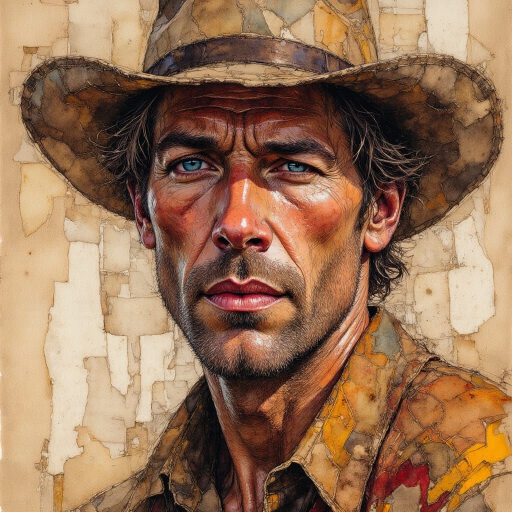 Abstract Expressionism Cowboy Portrait with Ink and Pencil