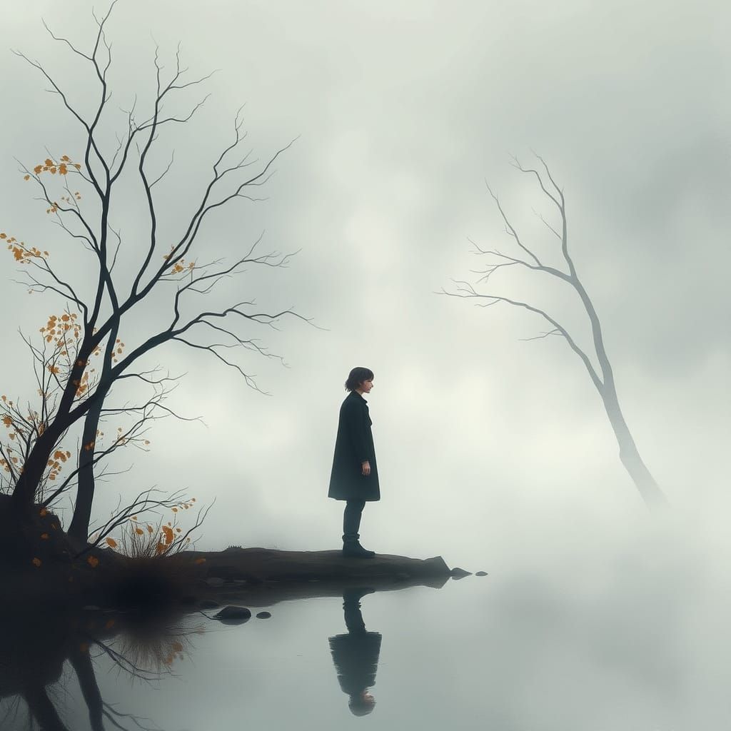 Melancholic Figure Lost in Autumn Reflections
