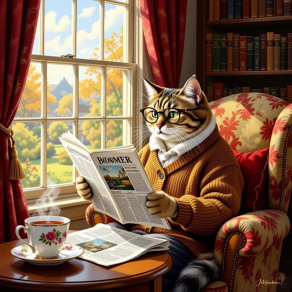 Boomer Cat Reading Newspaper in Cozy Room