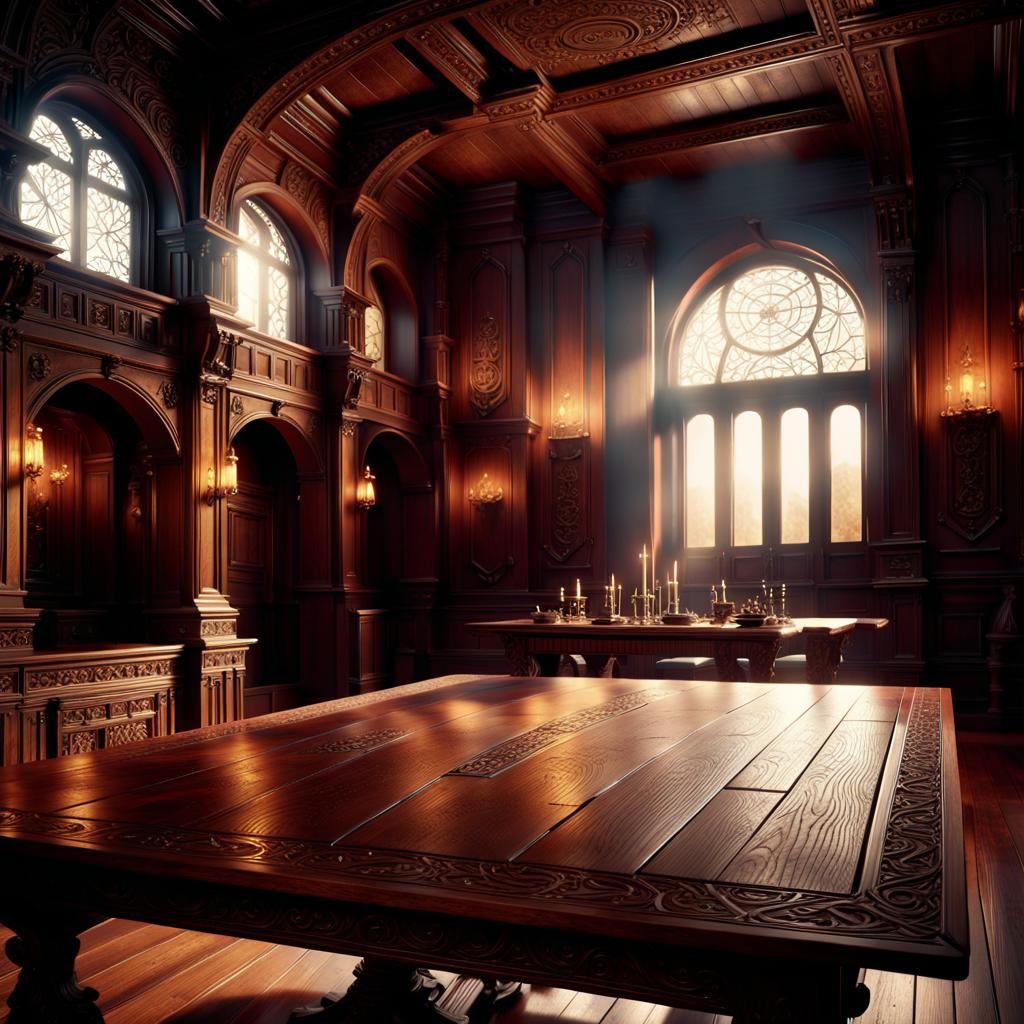 Cinematic Wooden Table in Grand Chamber