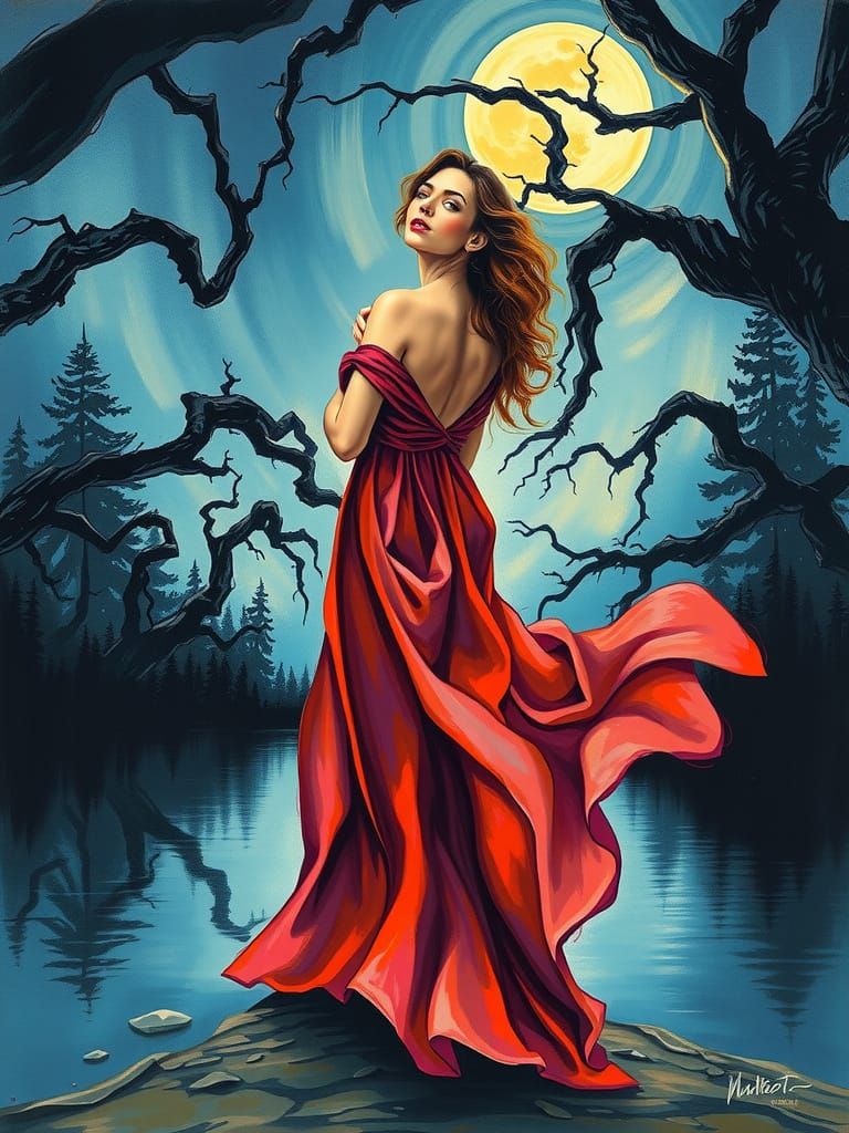 Surreal Watercolor of a Woman Lost in Thought by a Moonlit L...