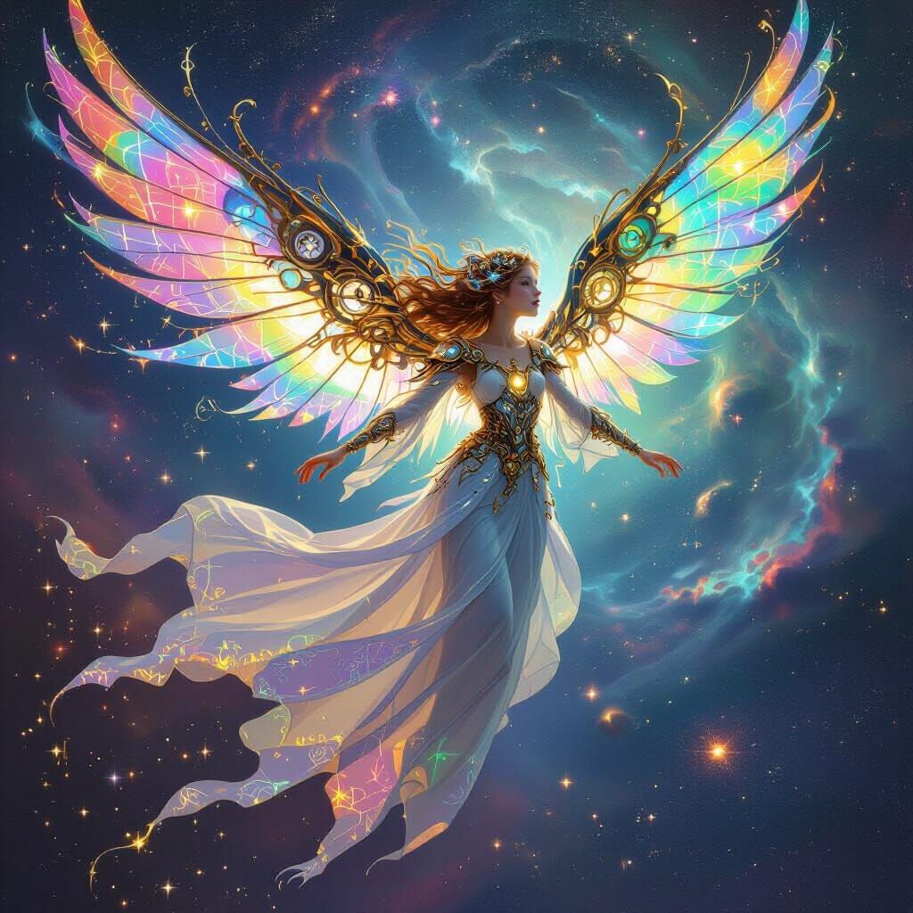 Clockwork Angel Soaring Through Iridescent Nebula