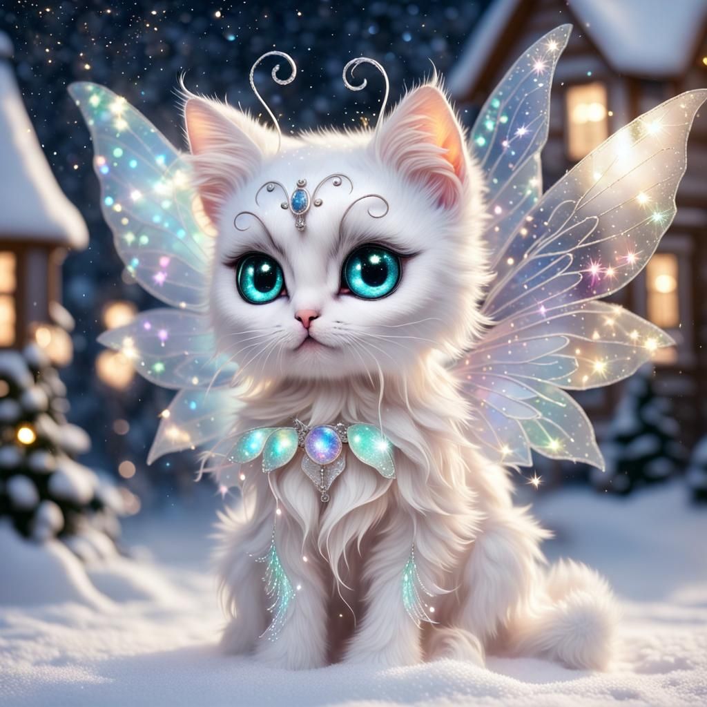 White Fairy Cat with Iridescent Wings in Snow