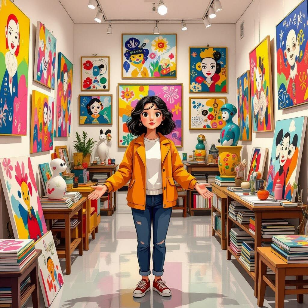 Person in a Vibrant Art Gallery in Whimsical Realism Style