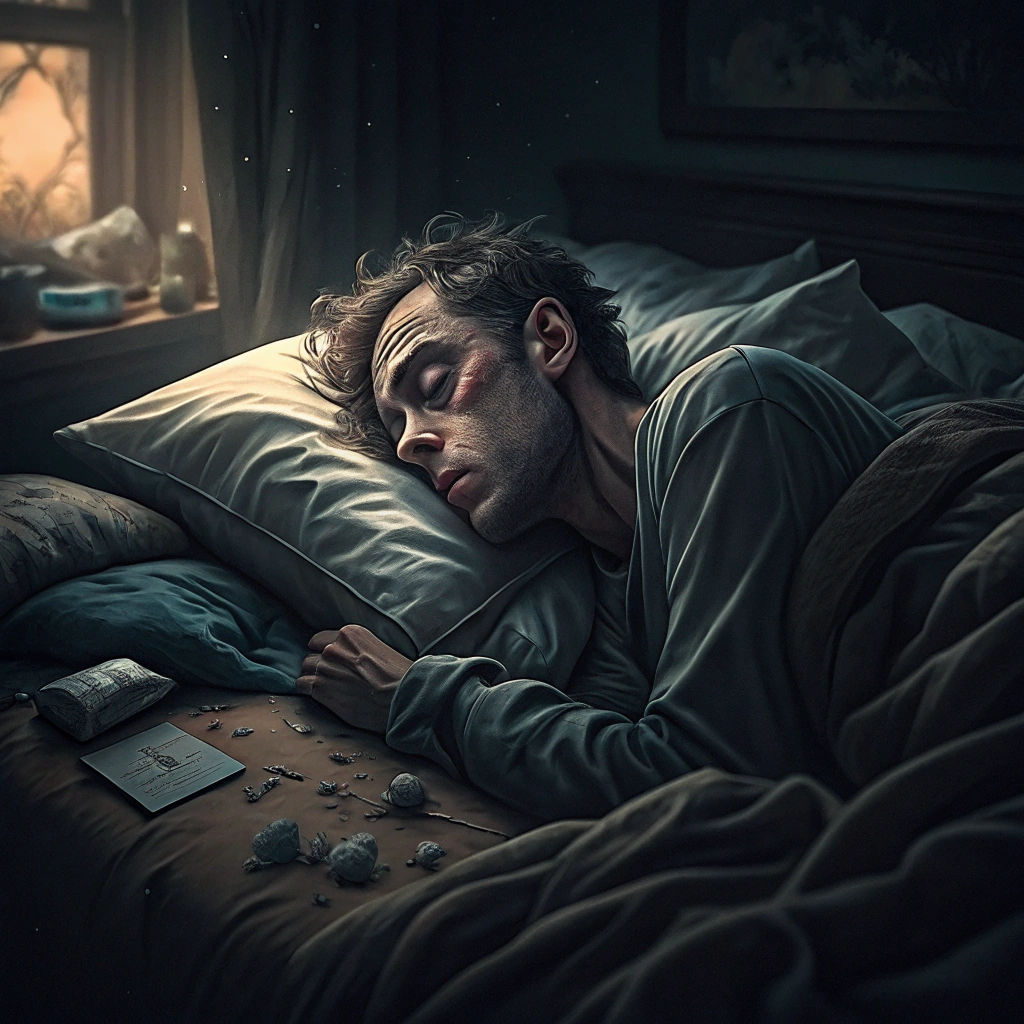 Exhausted Man Between Sleep and Wakefulness in Hyperrealism