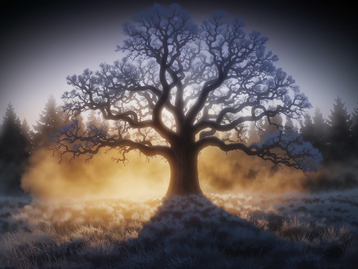 Misty Winter Forest at Dawn with Ancient Oak Tree