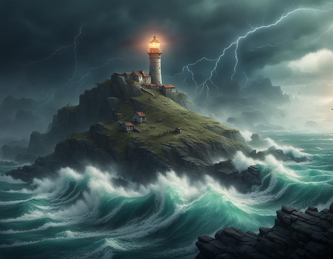 Lighthouse on Desolate Coast During Raging Storm