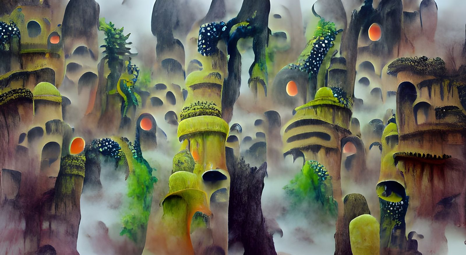 Alien Jungle: Sulfuric Pillars in Gouache Style