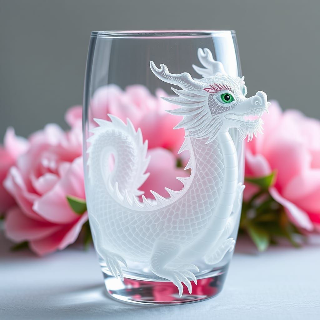 Glass Dragon with Pink Peonies
