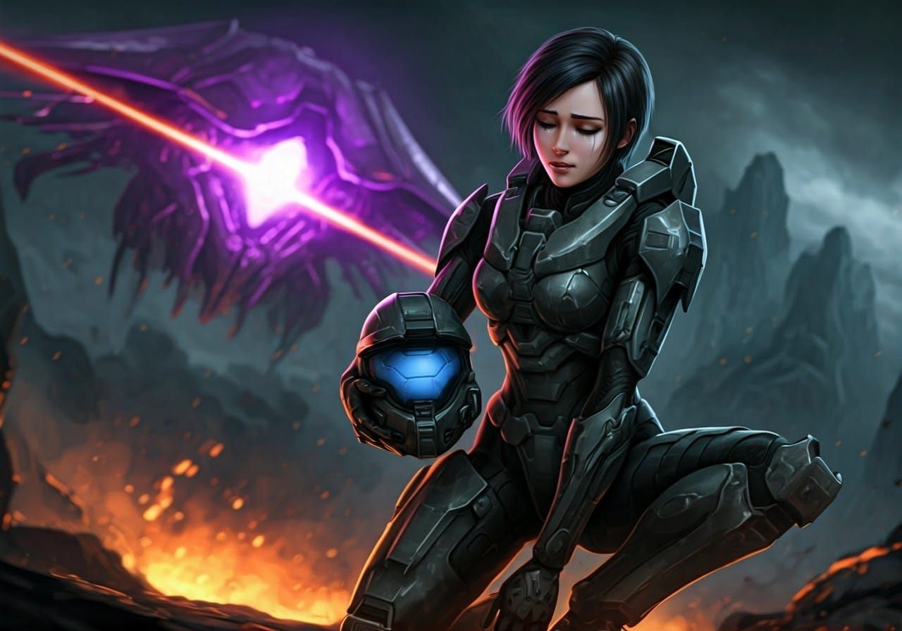 Sad Halo ODST Kneeling on Battlefield