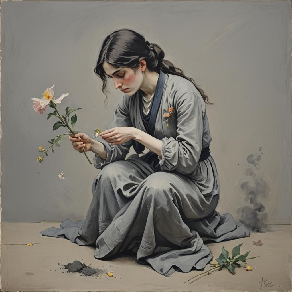 a solitary woman crouching her body holding a single flower ...