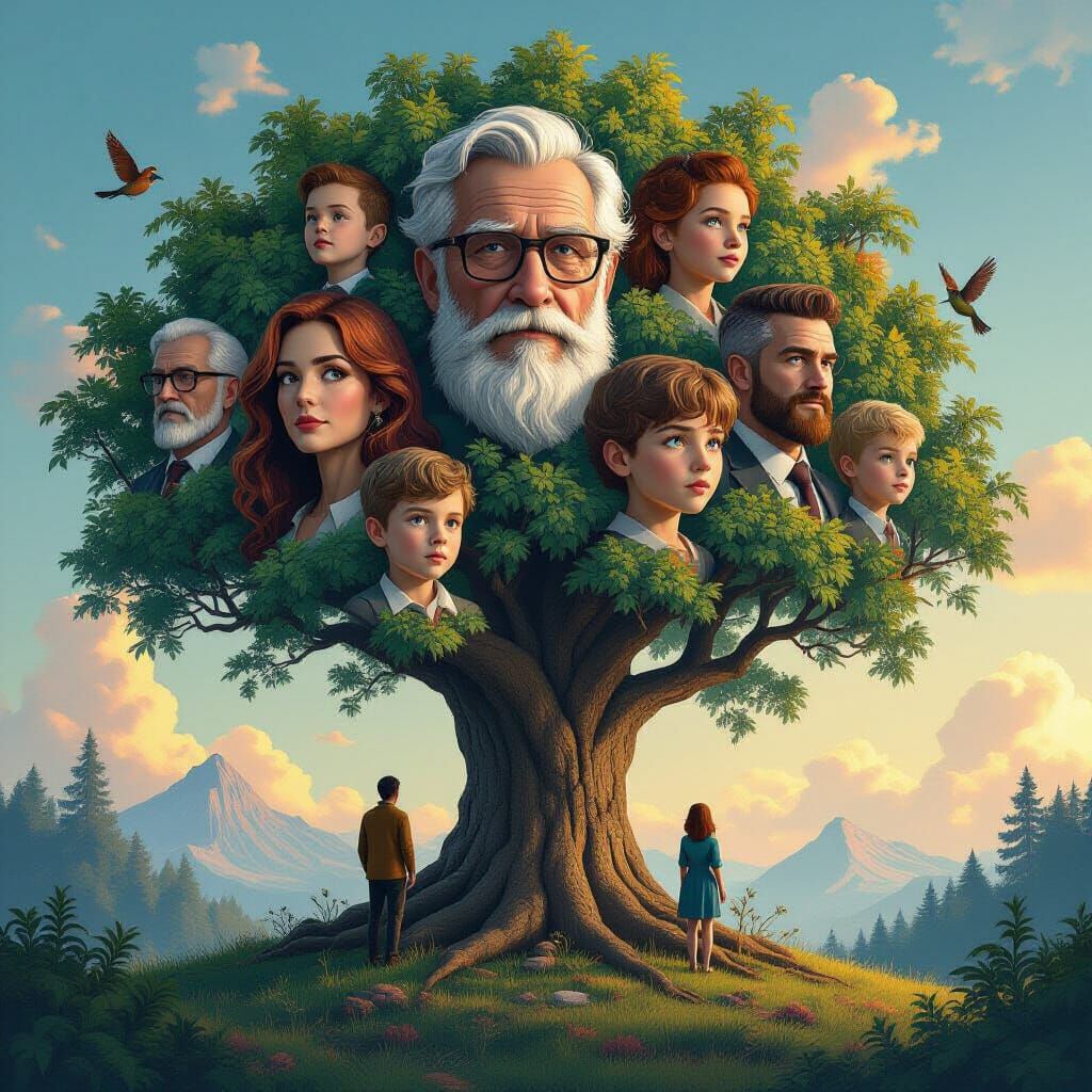 Family Tree with Inherited Traits in Matte Painting Style