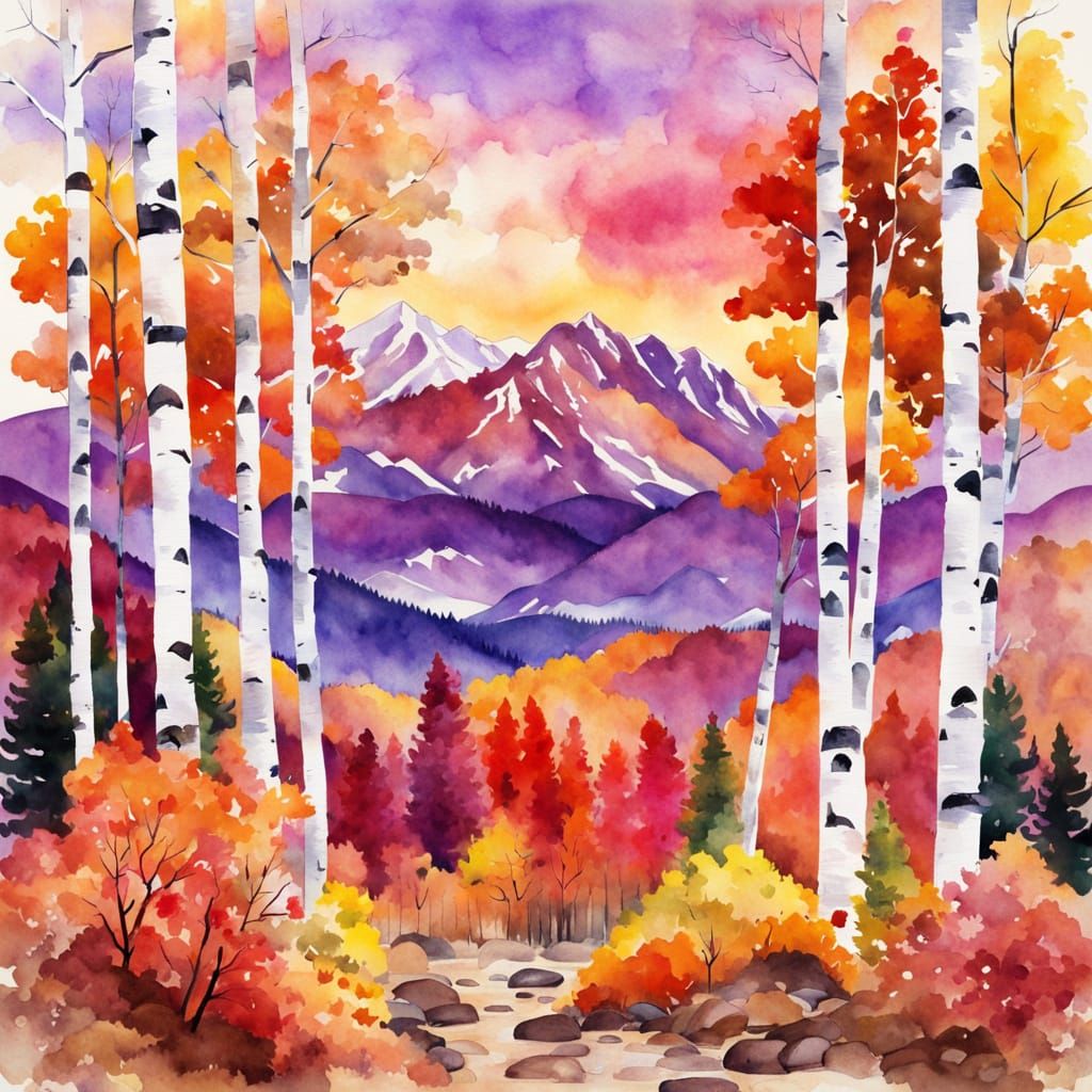 Autumn Forest Watercolor Painting with Rugged Mountains