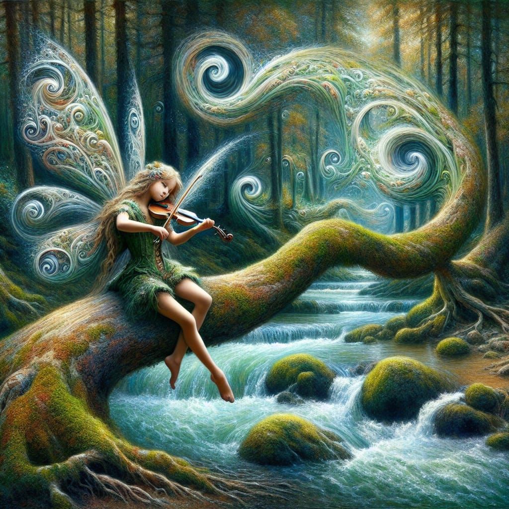 Fairy Violinist in Magical Forest Scene