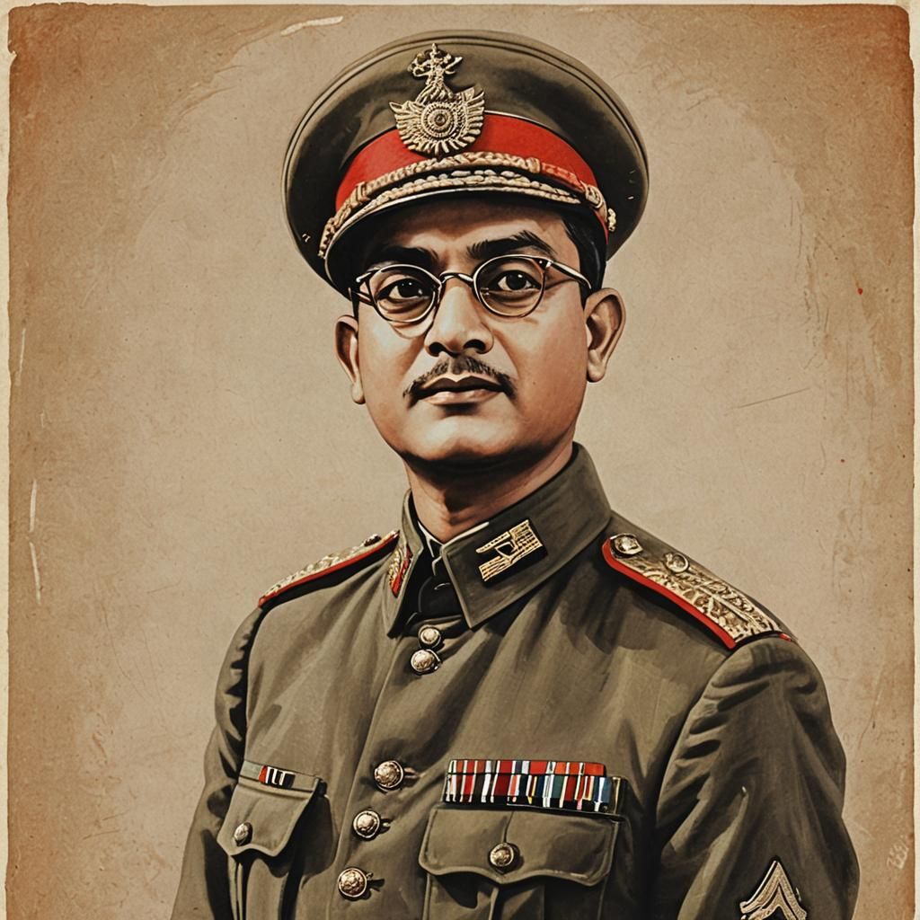 Subhash Chandra Bose Portrait with Sunset and Indian Symbols