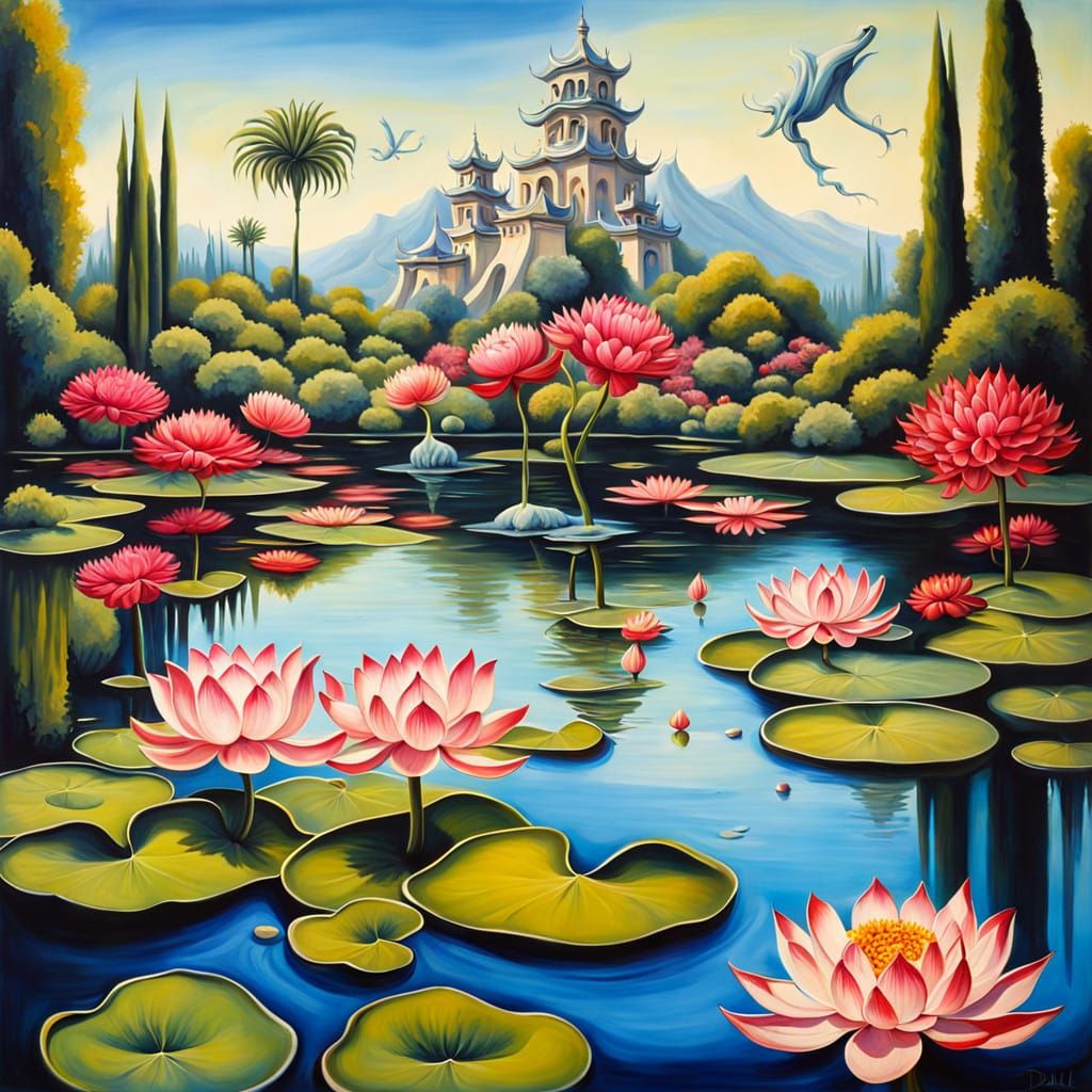 Surreal Oriental Garden Scene with Melting Lotus Blooms