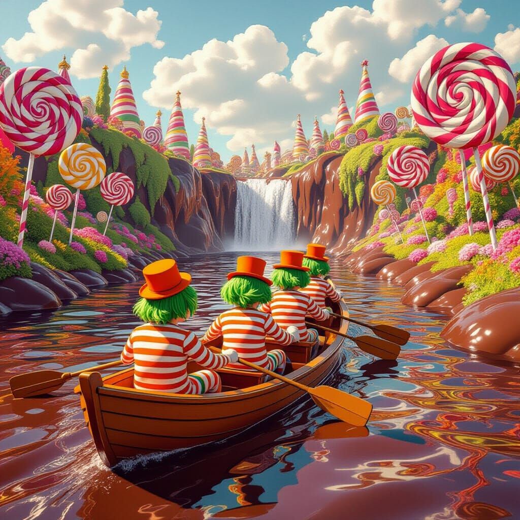 Oompa Loompas Row Chocolate River by Lollipop Trees