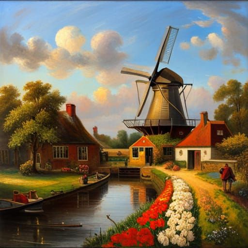 Dutch Windmill Oil Painting at Golden Hour