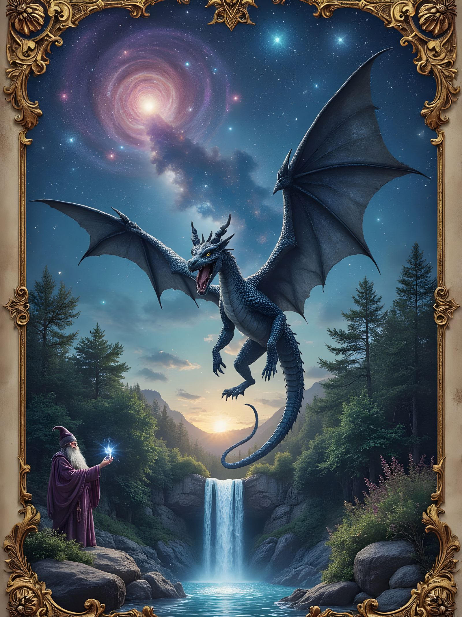 Majestic Dragon, Wizard, and Forest in Codex Style