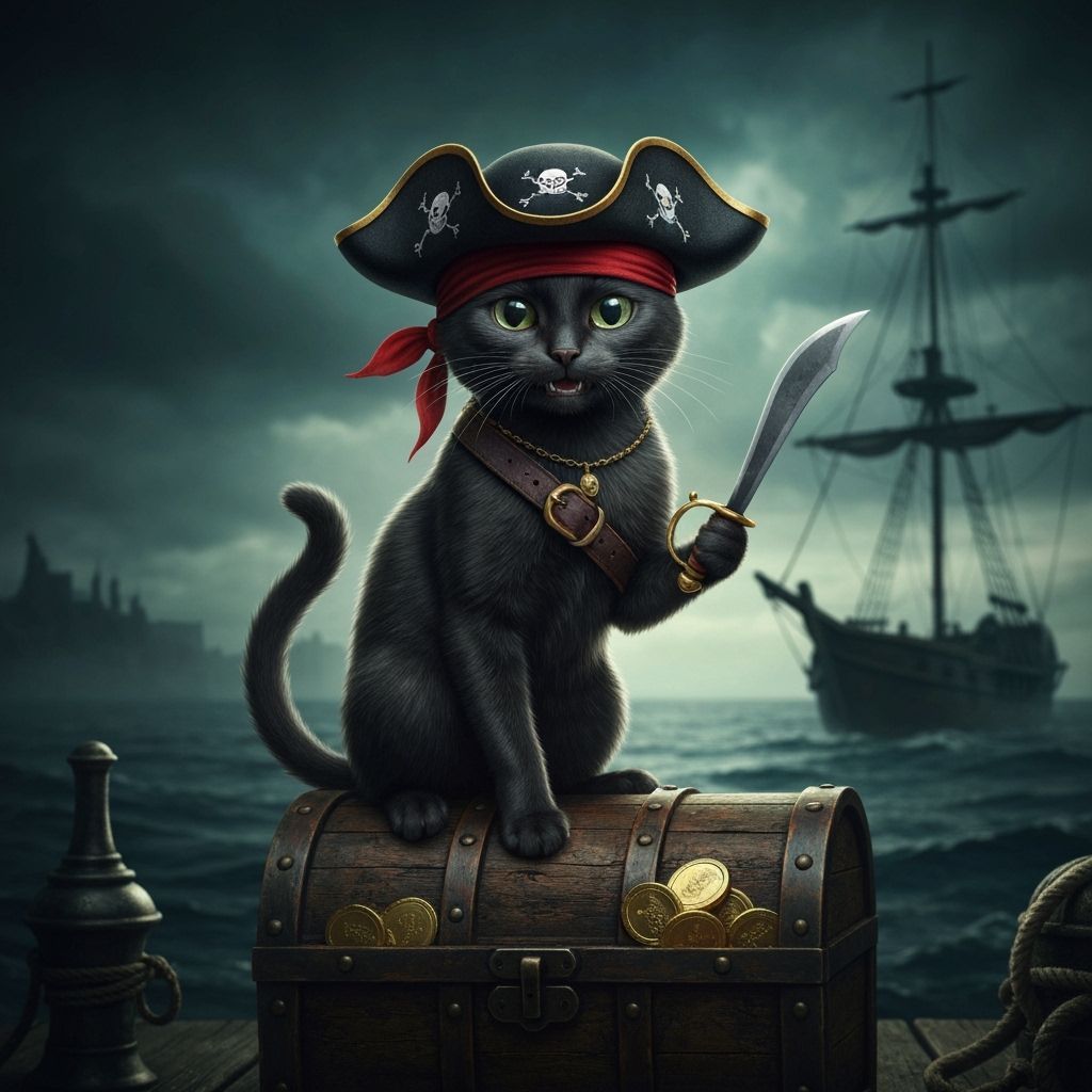 Pirate Cat with Gold Doubloons on Stormy Sea