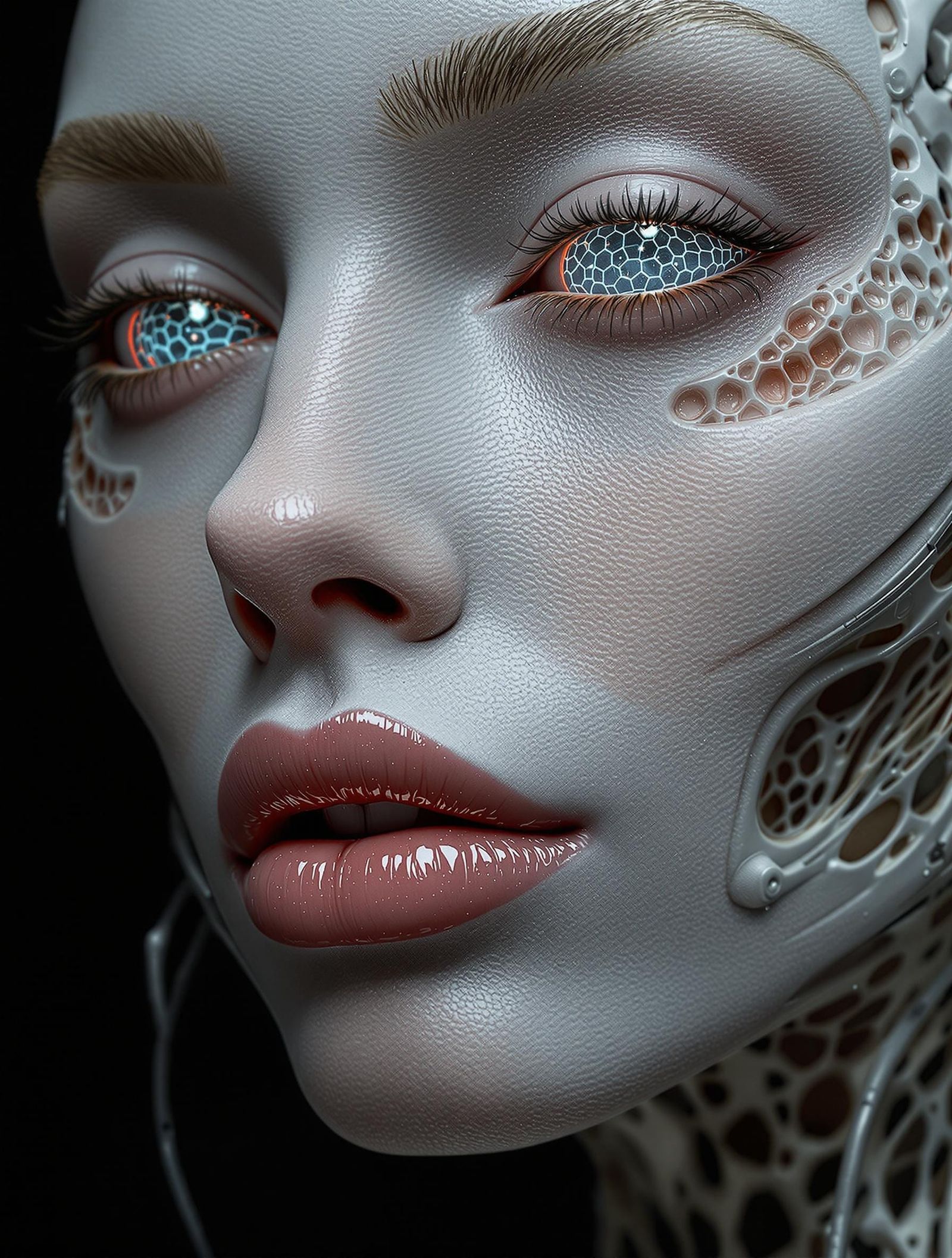 Biomechanical Portrait with Honeycomb Teeth in Surreal Style