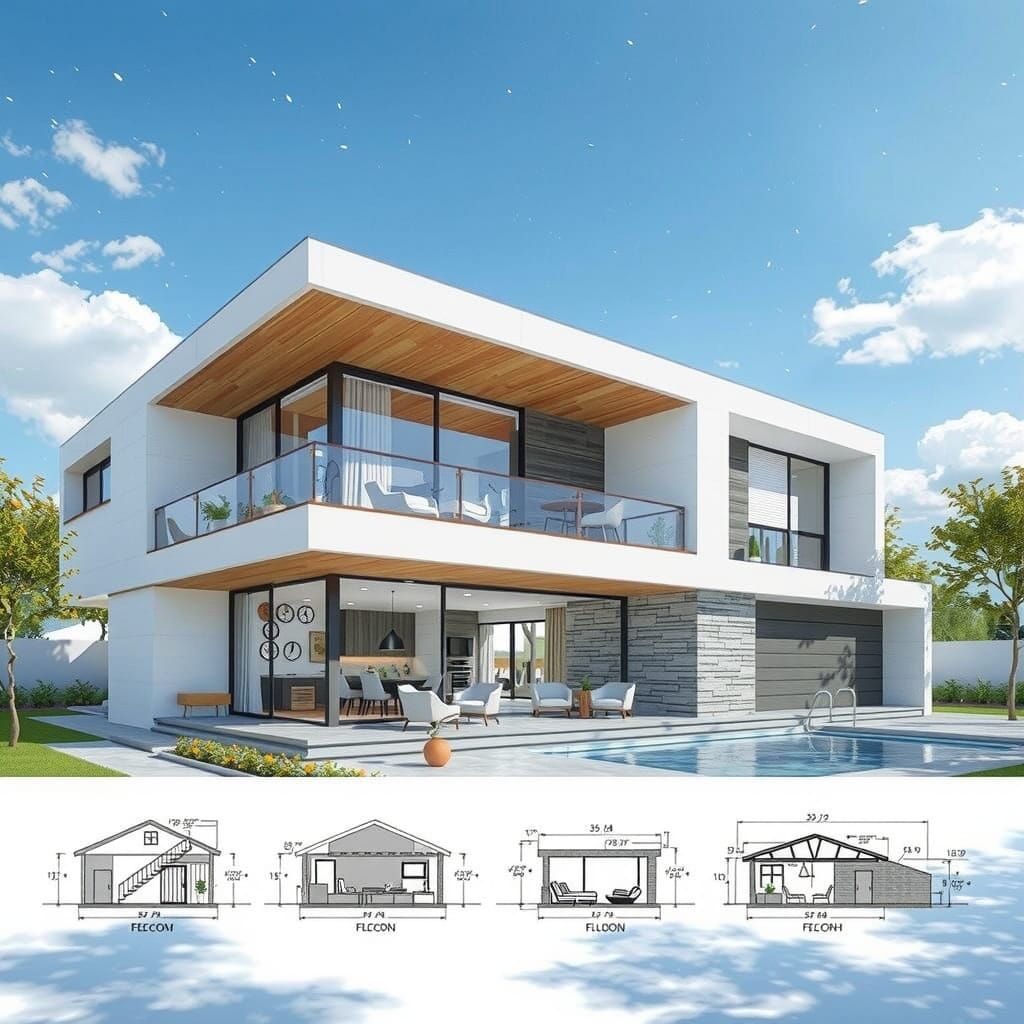 Modern Country House Architectural Rendering with Cartoon St...