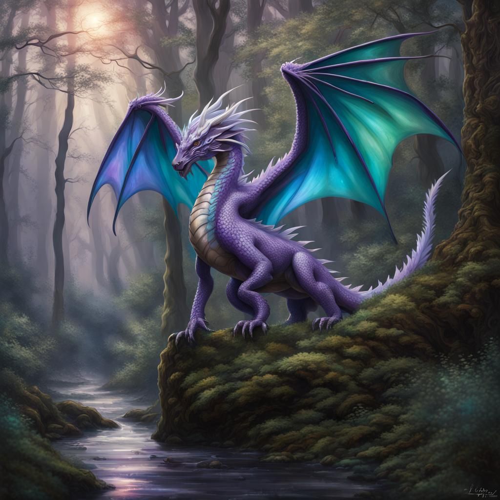 Medieval Dragon and Fairy in Ethereal Woods