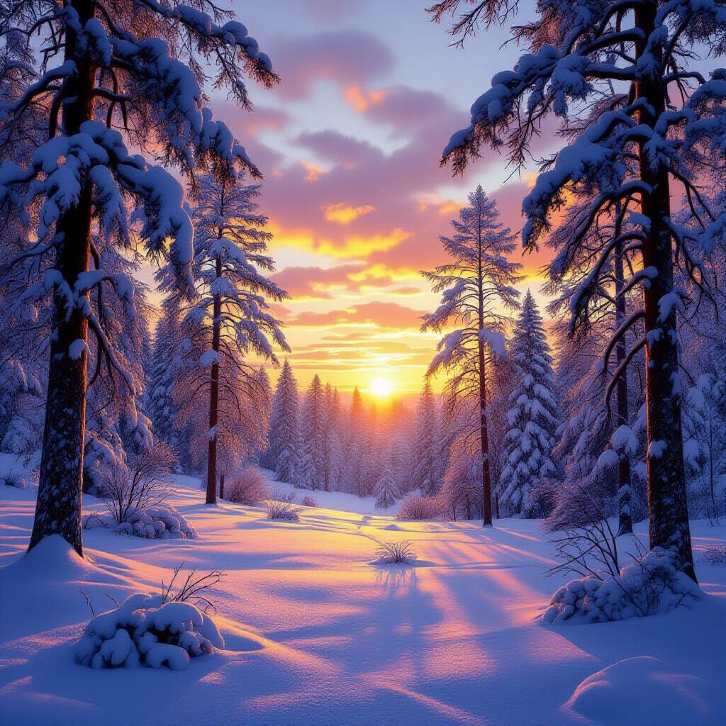 Serene Winter Sunset Over Snowy Forest Landscape