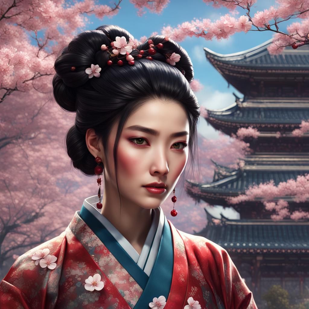 Asian Woman with Cherry Blossoms in Neo-Impressionism Style