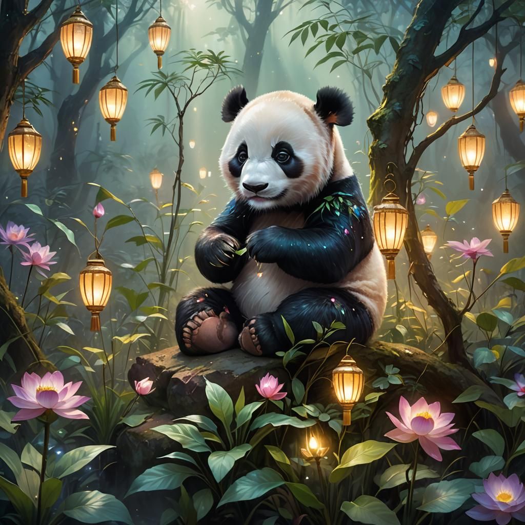 Enchanted Panda Cub in Iridescent Forest