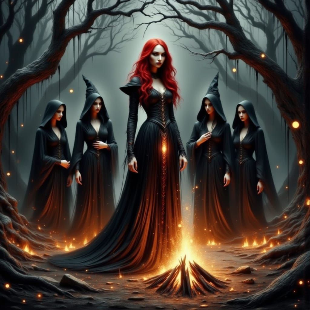 Lilith and Witches Gathered at Bonfire in Dystopian Style