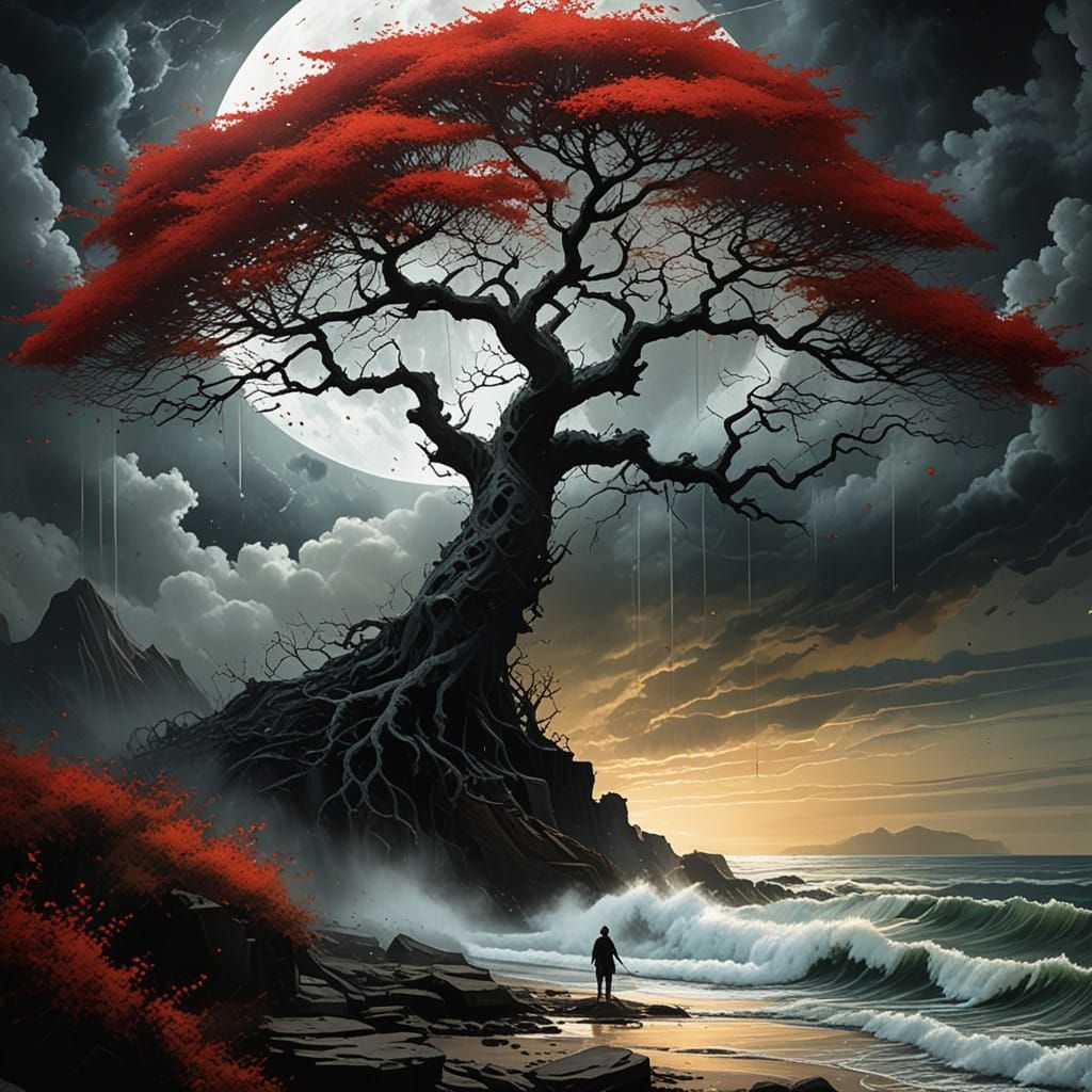 Surreal Landscape with Creepy Tree and Haunted Village