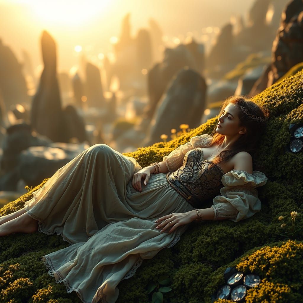 Steampunk Woman on Moss Bed in Maximalist Style