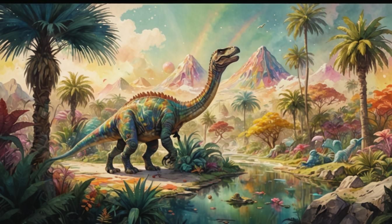 Colorful Jurassic Dinosaur in Watercolor Candyland Landscape