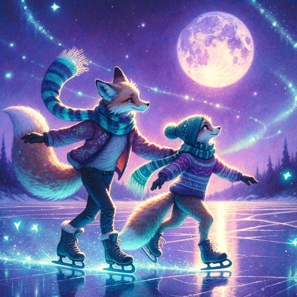 Two Foxes Ice Skating Under Starlit Sky in Watercolour Style